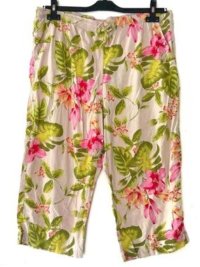 Erika Petite Floral Tropical Capri Pants Green Pink Beige Tan Cropped Summer XL